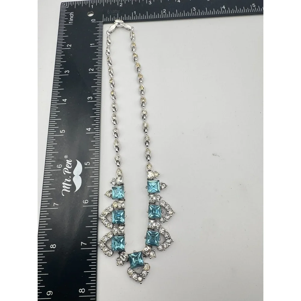 Vintage BOGOFF Necklace Blue Rhinestone Silver Tone MCM Aqua Teal